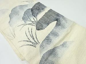 アンティーク　手織り真綿紬遠山に草葉模様織出し名古屋帯